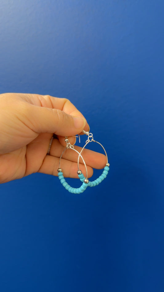 Handmade Blue Beaded Hoop Earrings | Lightweight Silver Hoops
