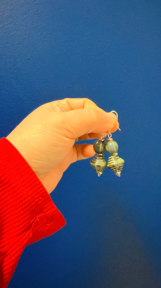 Handmade Blue Striped Bead Dangle Earrings – Unique Ceramic-Style Drops