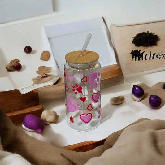 Valentine's Day Glass Tumbler, Bamboo Lid and Straw, Heart and Lips Design