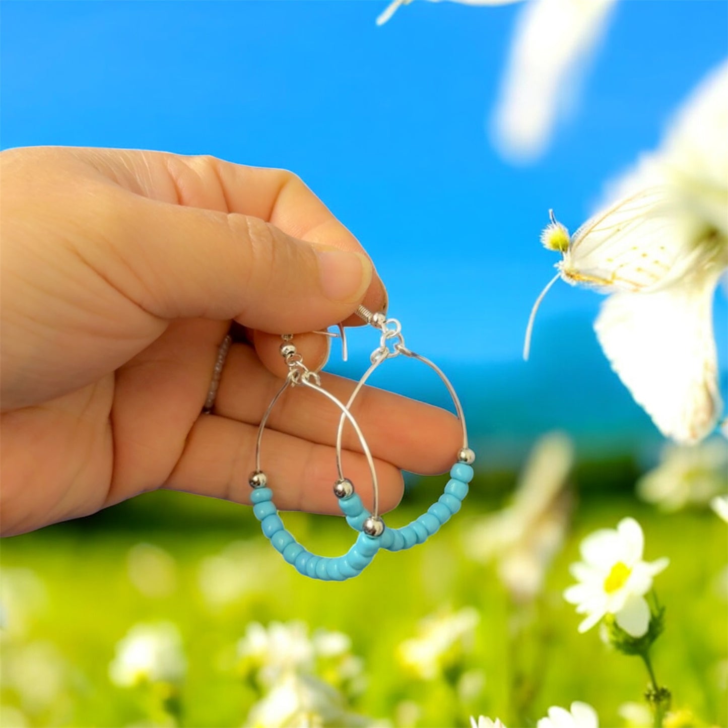 Handmade Blue Beaded Hoop Earrings | Lightweight Silver Hoops