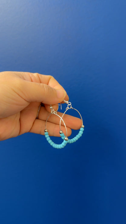 Handmade Blue Beaded Hoop Earrings | Lightweight Silver Hoops