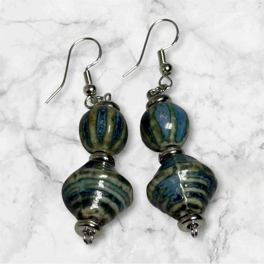 Handmade Blue Striped Bead Dangle Earrings – Unique Ceramic-Style Drops