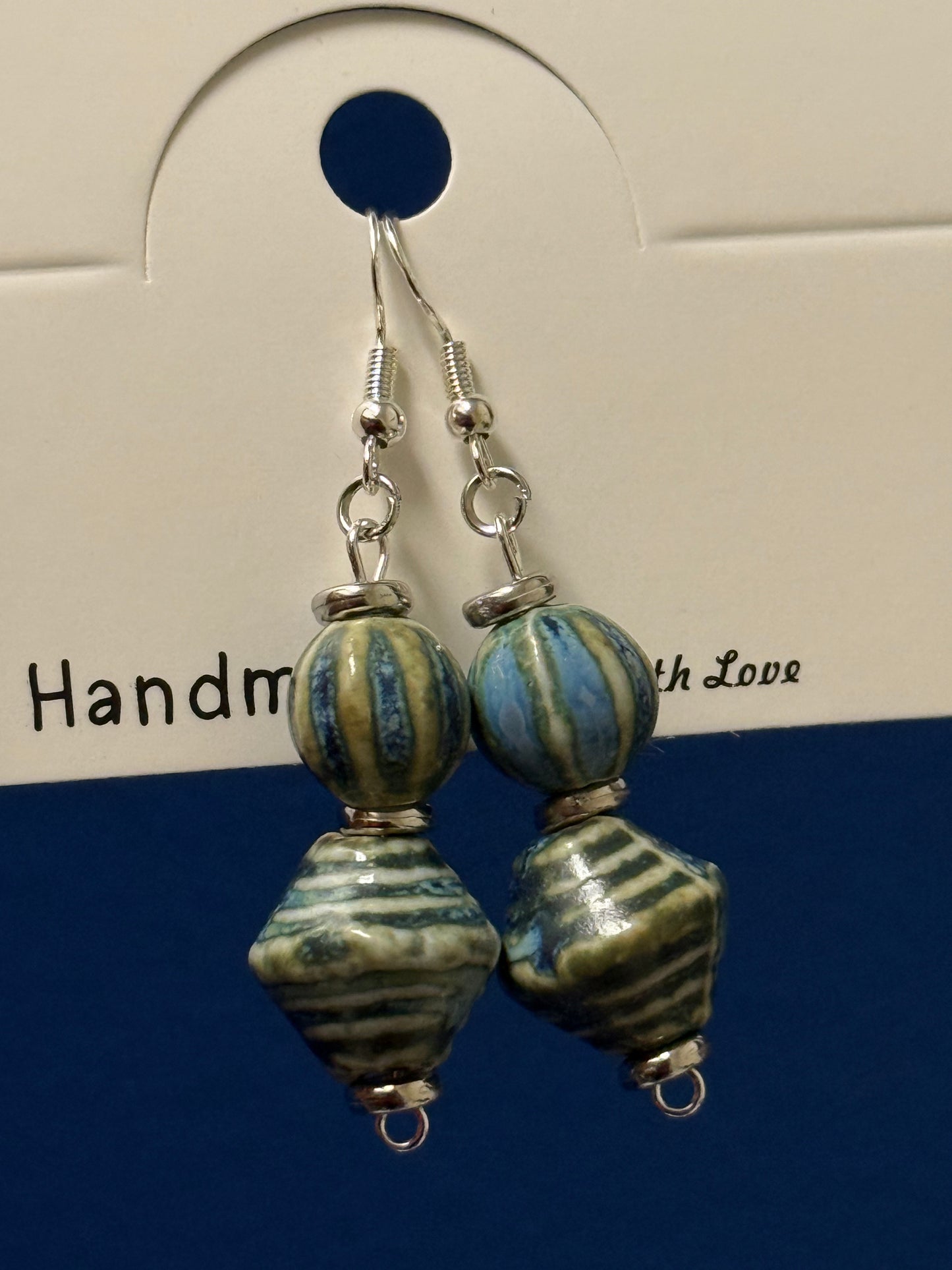 Handmade Blue Striped Bead Dangle Earrings – Unique Ceramic-Style Drops