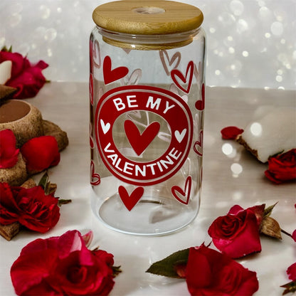 Valentine's Day Glass Tumbler, Bamboo Lid and Straw, Heart and Lips Design