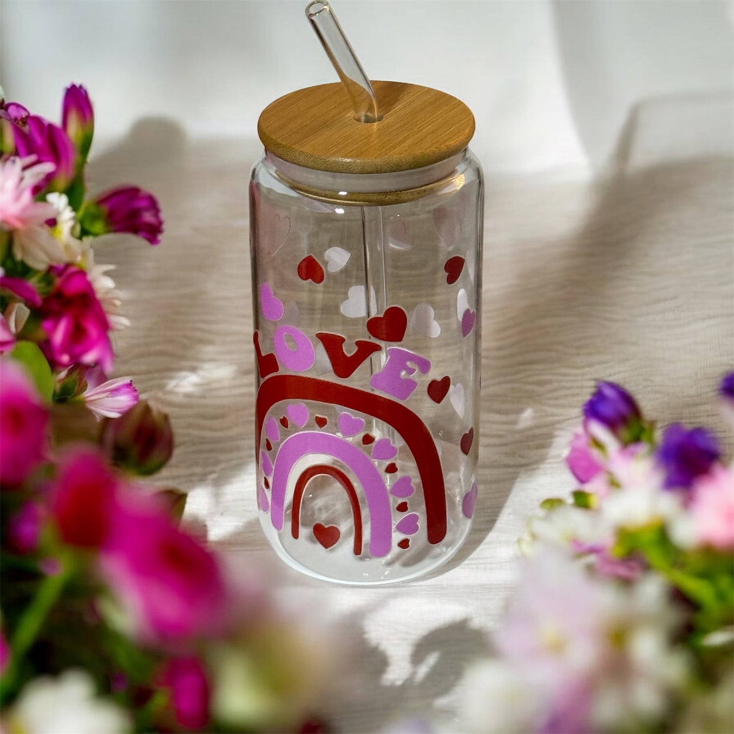 Valentine's Day Glass Tumbler, Bamboo Lid and Straw, Heart and Lips Design