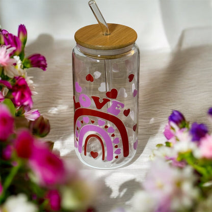 Valentine's Day Glass Tumbler, Bamboo Lid and Straw, Heart and Lips Design