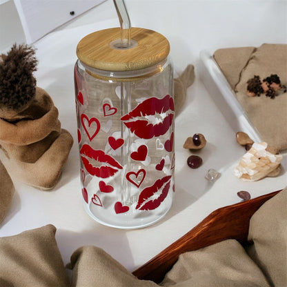 Valentine's Day Glass Tumbler, Bamboo Lid and Straw, Heart and Lips Design