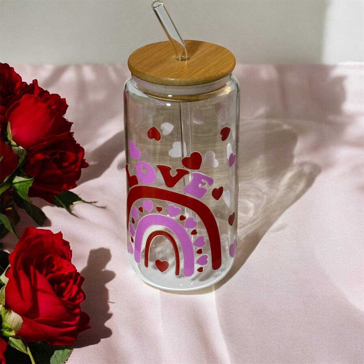 Valentine's Day Glass Tumbler, Bamboo Lid and Straw, Heart and Lips Design