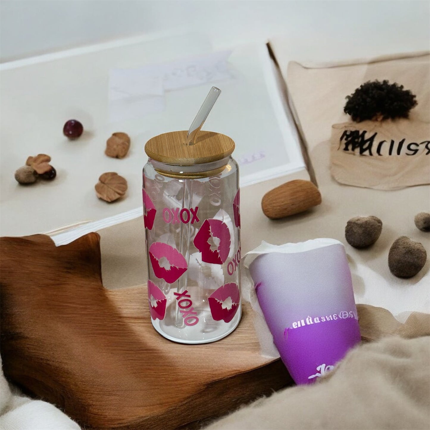 Valentine's Day Glass Tumbler, Bamboo Lid and Straw, Heart and Lips Design