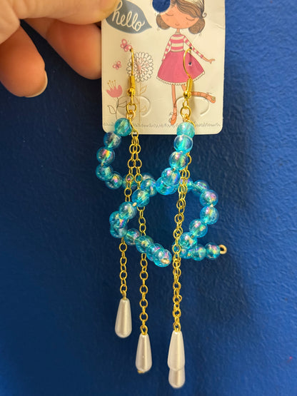 Aqua Glow Beaded Gold Chain Drop Earrings