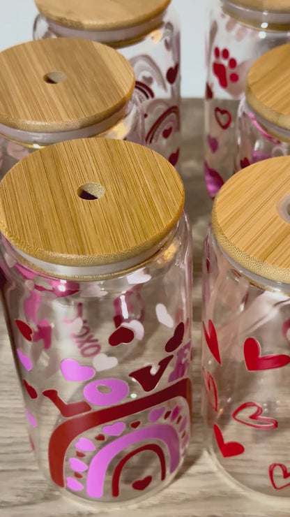 Valentine's Day Glass Tumbler, Bamboo Lid and Straw, Heart and Lips Design